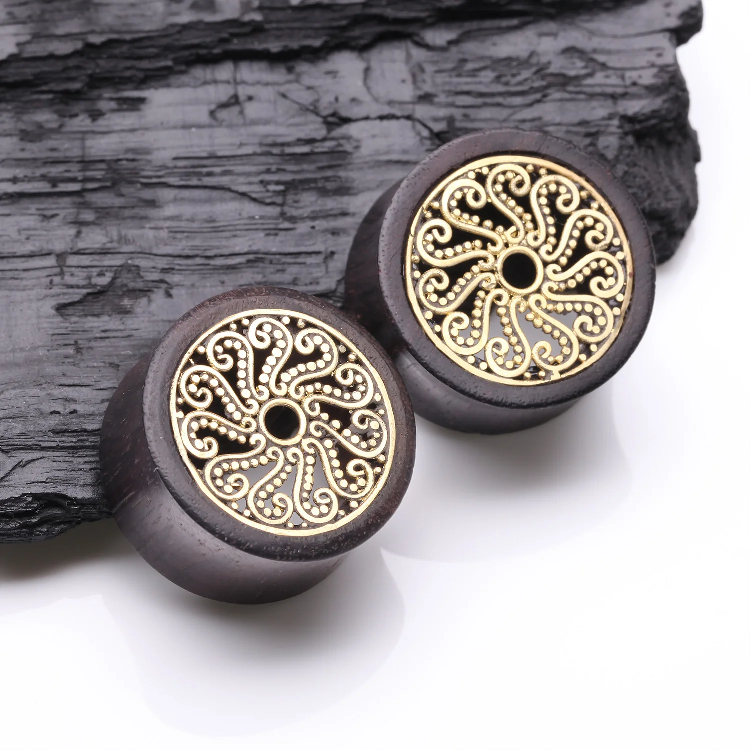 A Pair of Vine Swirl Filigree Bali Brass Rosewood Double Flared Tunnel Plug - Image 2
