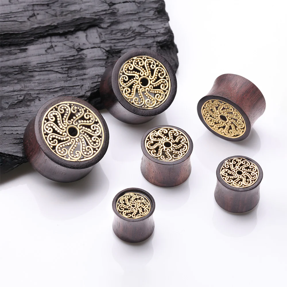 A Pair of Vine Swirl Filigree Bali Brass Rosewood Double Flared Tunnel Plug - Image 3