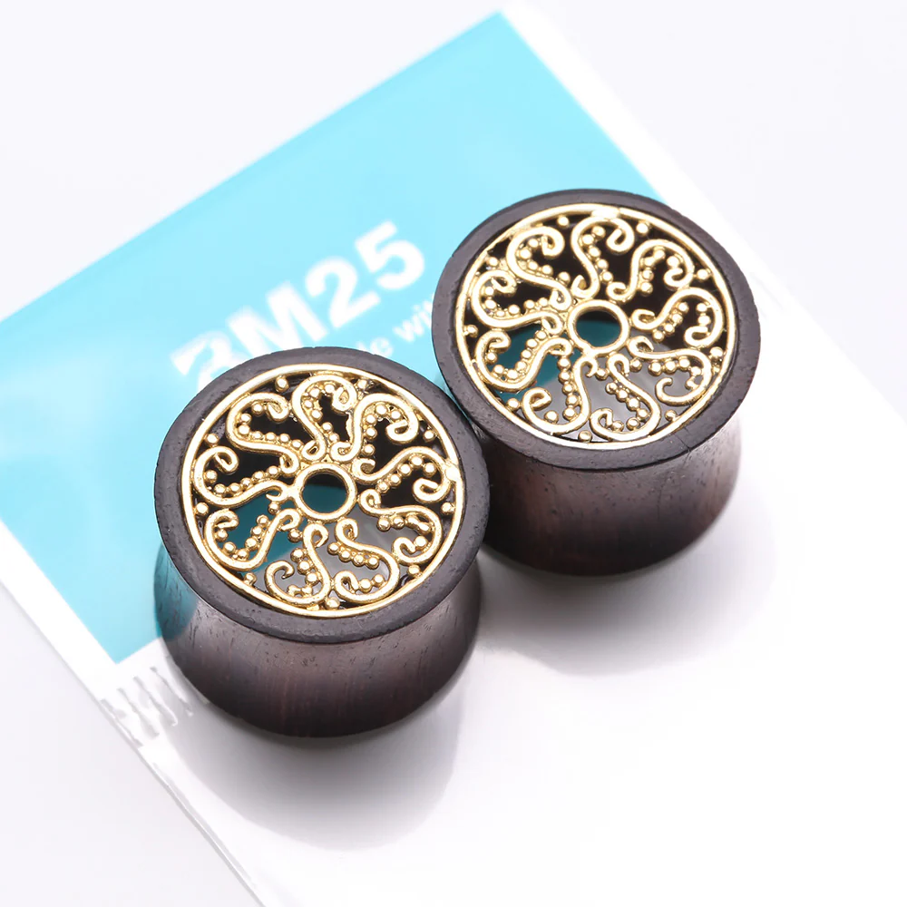 A Pair of Vine Swirl Filigree Bali Brass Rosewood Double Flared Tunnel Plug - Image 4