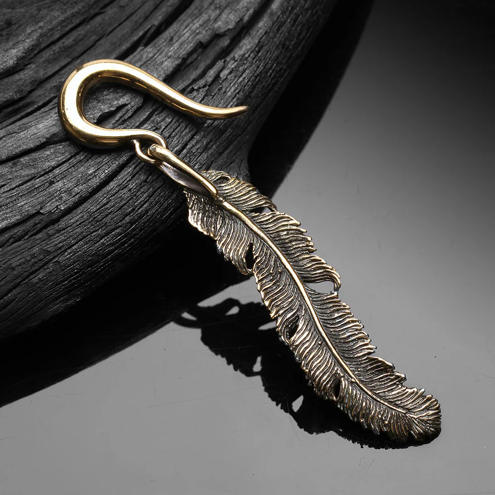 A Pair of Vintage Enchanted Bali Feather Golden Brass Ear Weight Hanger - Image 3