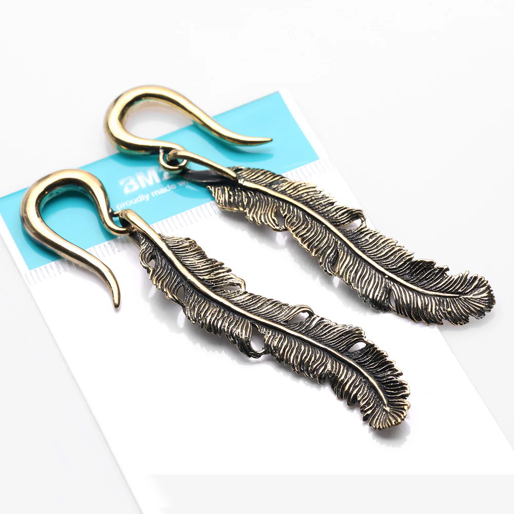 A Pair of Vintage Enchanted Bali Feather Golden Brass Ear Weight Hanger - Image 5