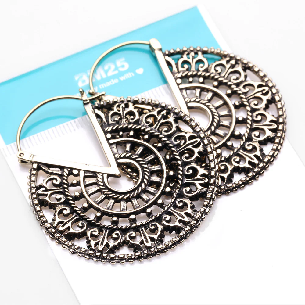 A Pair of Vintage Royal Divine Emblem Golden Brass Plug Hoop Earring - Image 5