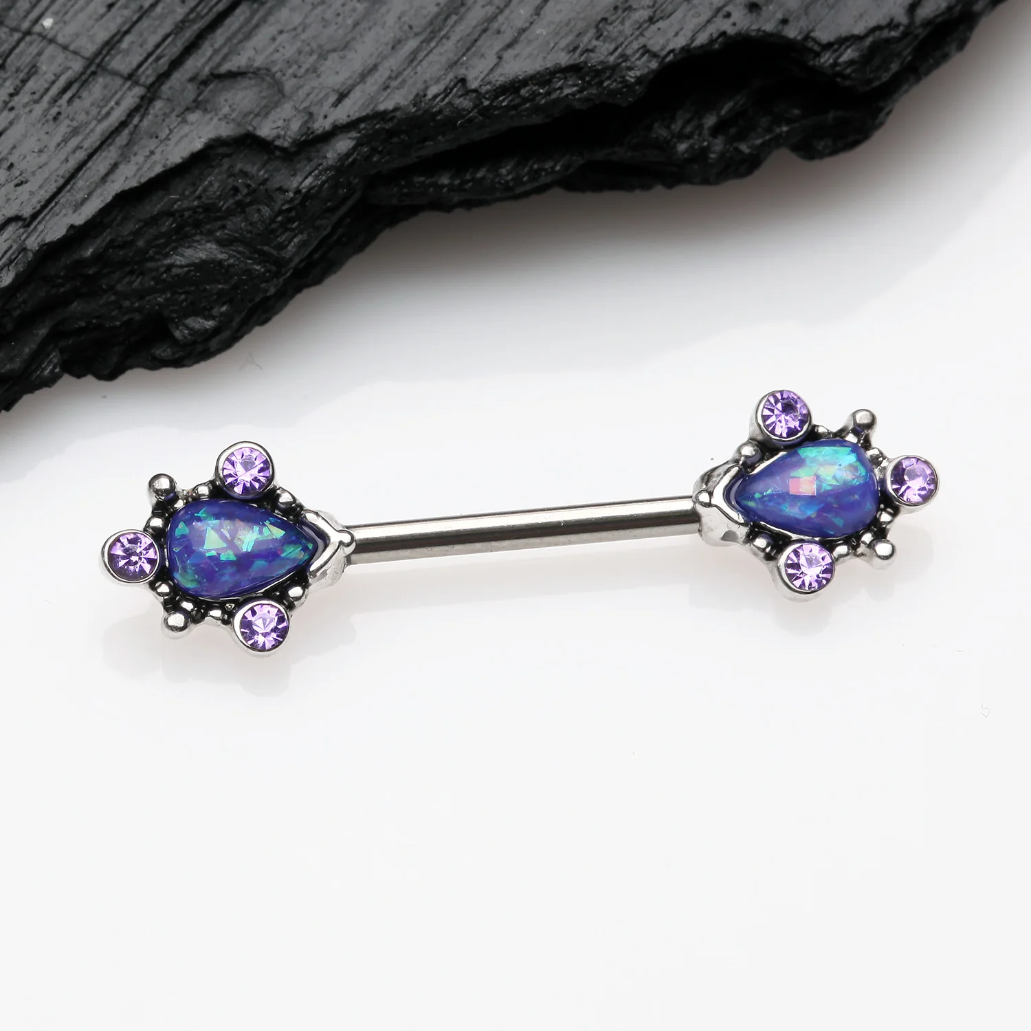 A Pair of Vintage Thorn Filigree Opal Sparkle Nipple Barbell - Image 2