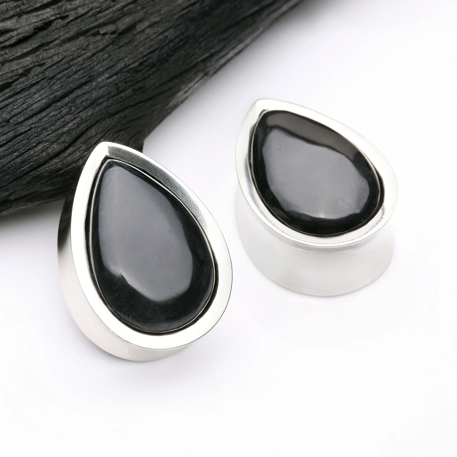 A Pair of White Brass Bali Black Onyx Stone Inlay Teardrop Double Flared Plug - Image 2