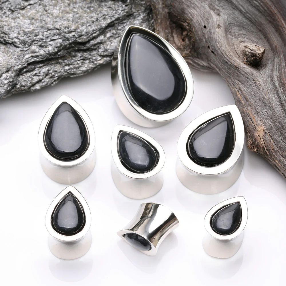 A Pair of White Brass Bali Black Onyx Stone Inlay Teardrop Double Flared Plug - Image 3