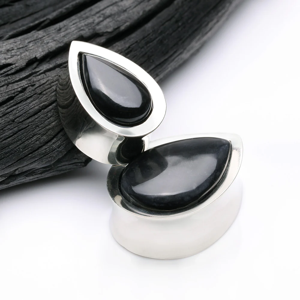A Pair of White Brass Bali Black Onyx Stone Inlay Teardrop Double Flared Plug - Image 4