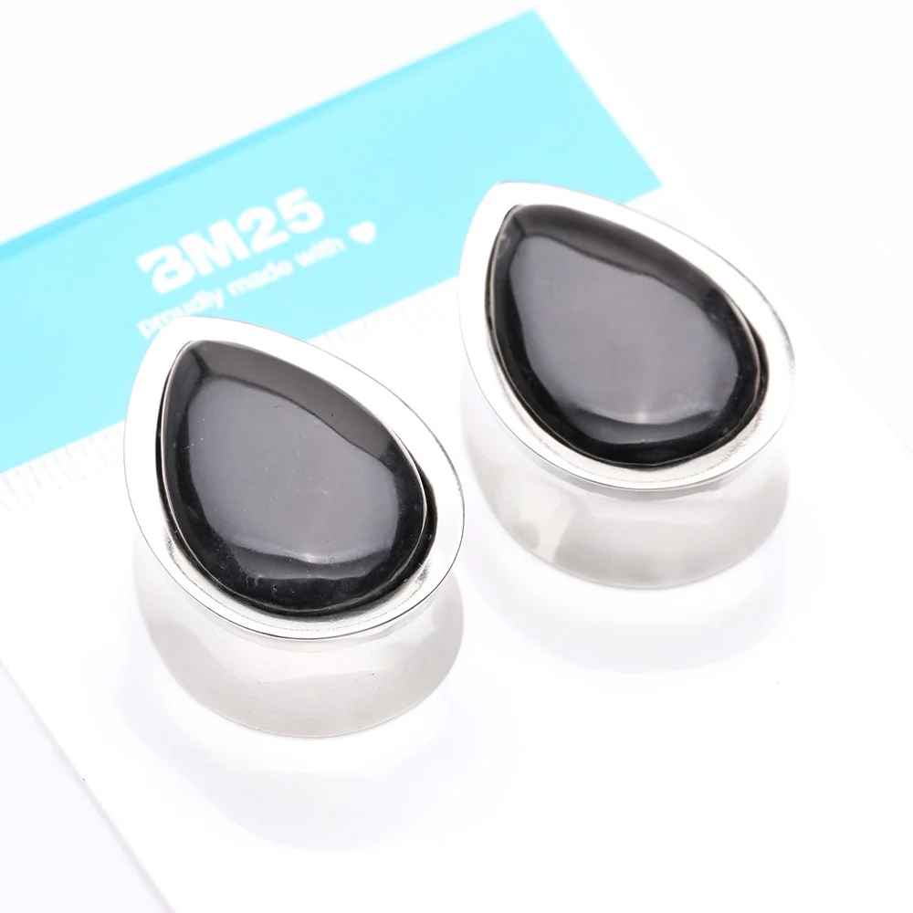 A Pair of White Brass Bali Black Onyx Stone Inlay Teardrop Double Flared Plug - Image 5