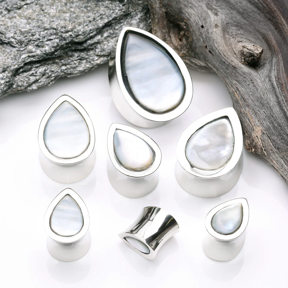 A Pair of White Brass Bali Mother of Pearl Inlay Teardrop Double Flared Plug - Image 3