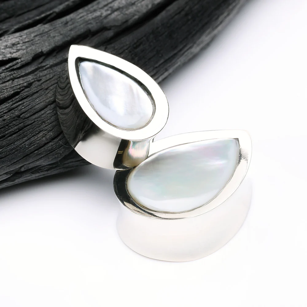 A Pair of White Brass Bali Mother of Pearl Inlay Teardrop Double Flared Plug - Image 4