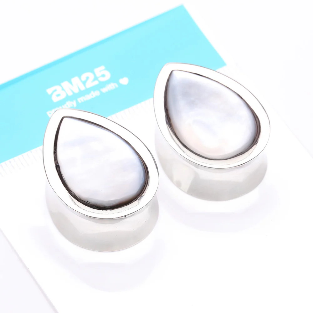 A Pair of White Brass Bali Mother of Pearl Inlay Teardrop Double Flared Plug - Image 5