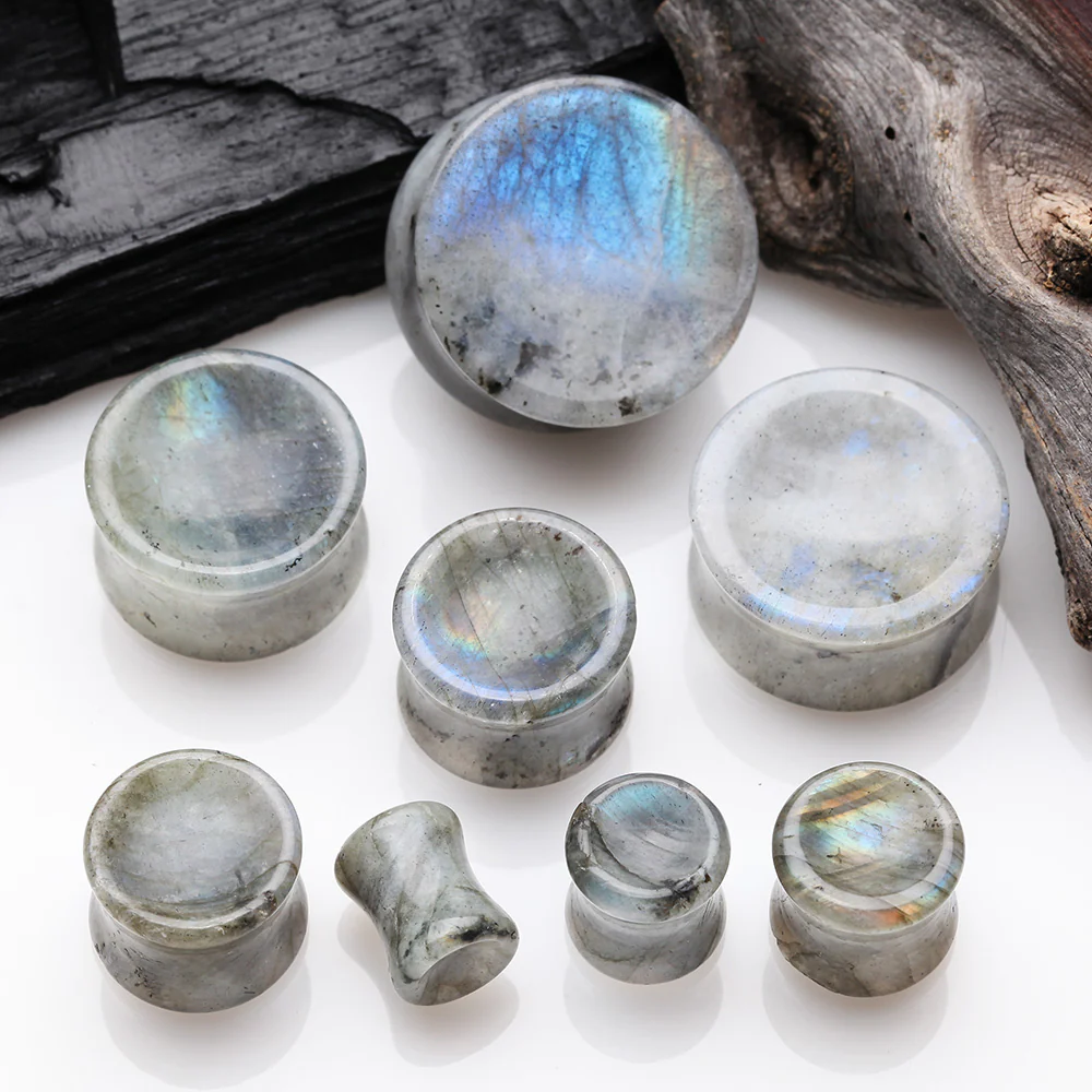 A Pair Of White Labradorite Concave Stone Double Flared Plug* - Image 3