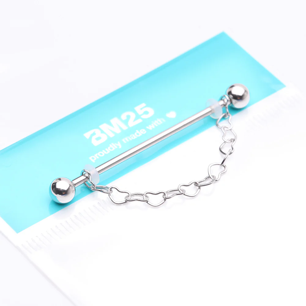 Adorable Chained Hollow Heart Dangle Industrial Barbell - Image 4
