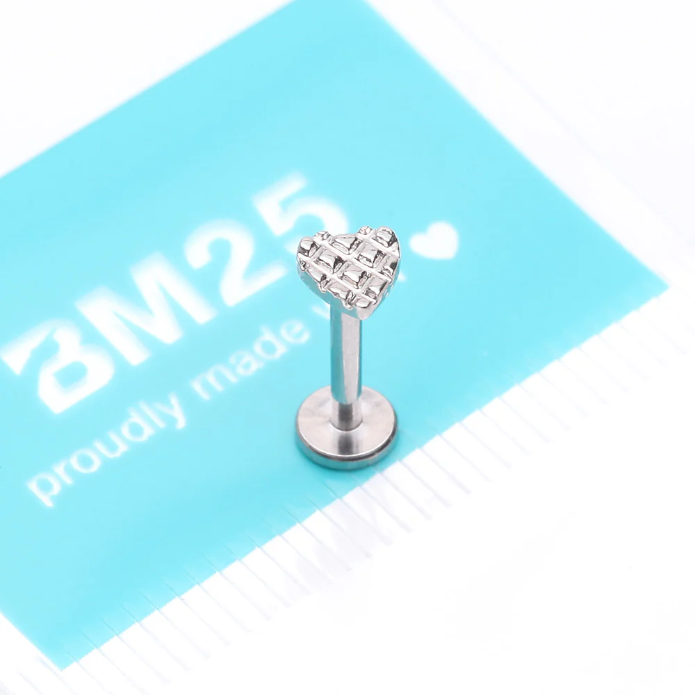 Adorable Heart Embossed Top Internally Threaded Steel Flat Back Stud Labret - Image 4