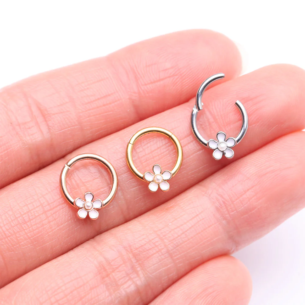 Adorable Pearlescent Flower Clicker Hoop Ring - Image 3