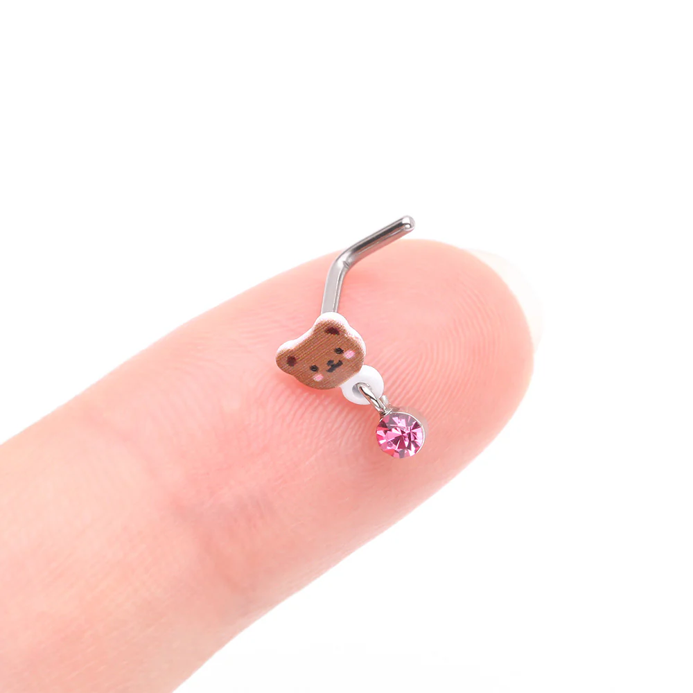 Adorable Teddy Bear Sparkle Dangle L-Shaped Nose Ring - Image 3