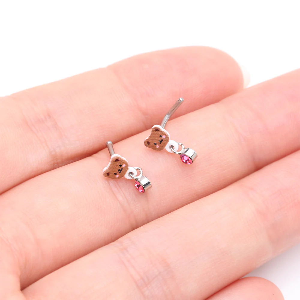 Adorable Teddy Bear Sparkle Dangle L-Shaped Nose Ring - Image 4