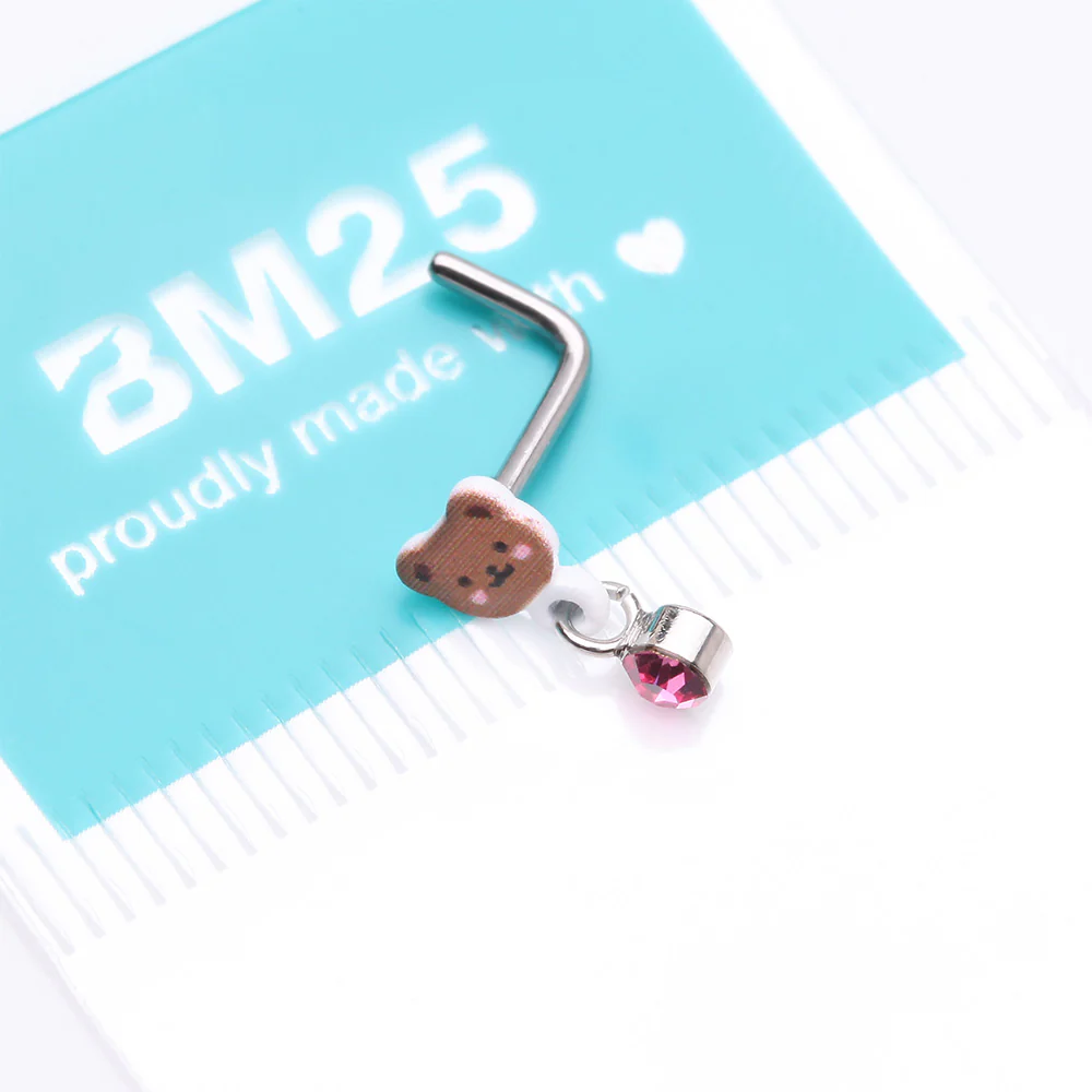 Adorable Teddy Bear Sparkle Dangle L-Shaped Nose Ring - Image 5