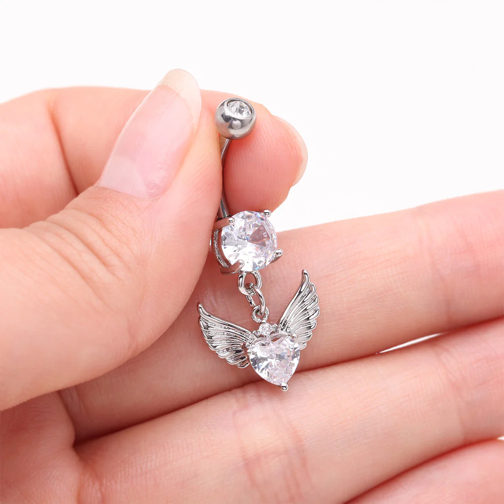 Angelic Wing Heart Sparkle Dangle Belly Button Ring - Image 4