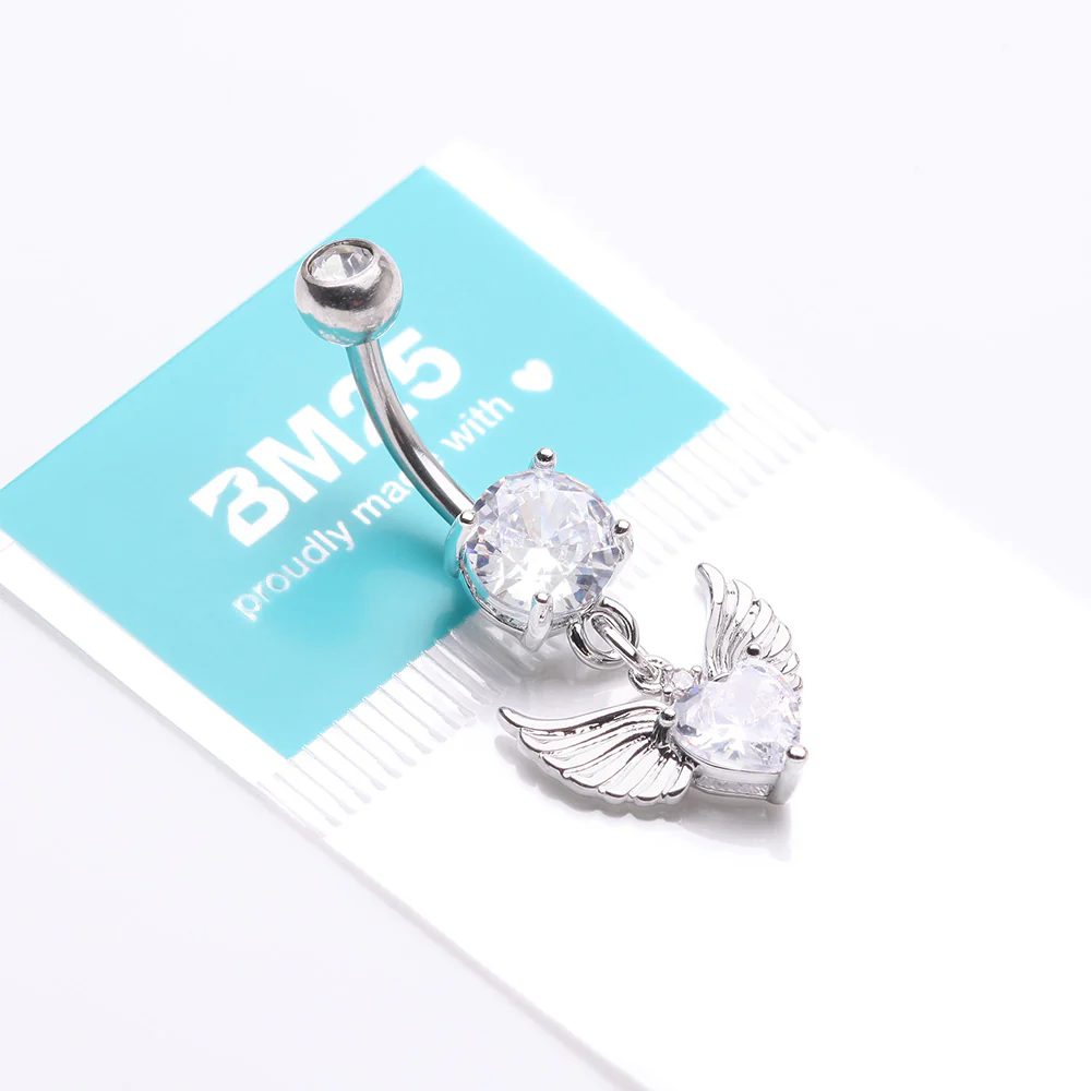 Angelic Wing Heart Sparkle Dangle Belly Button Ring - Image 5