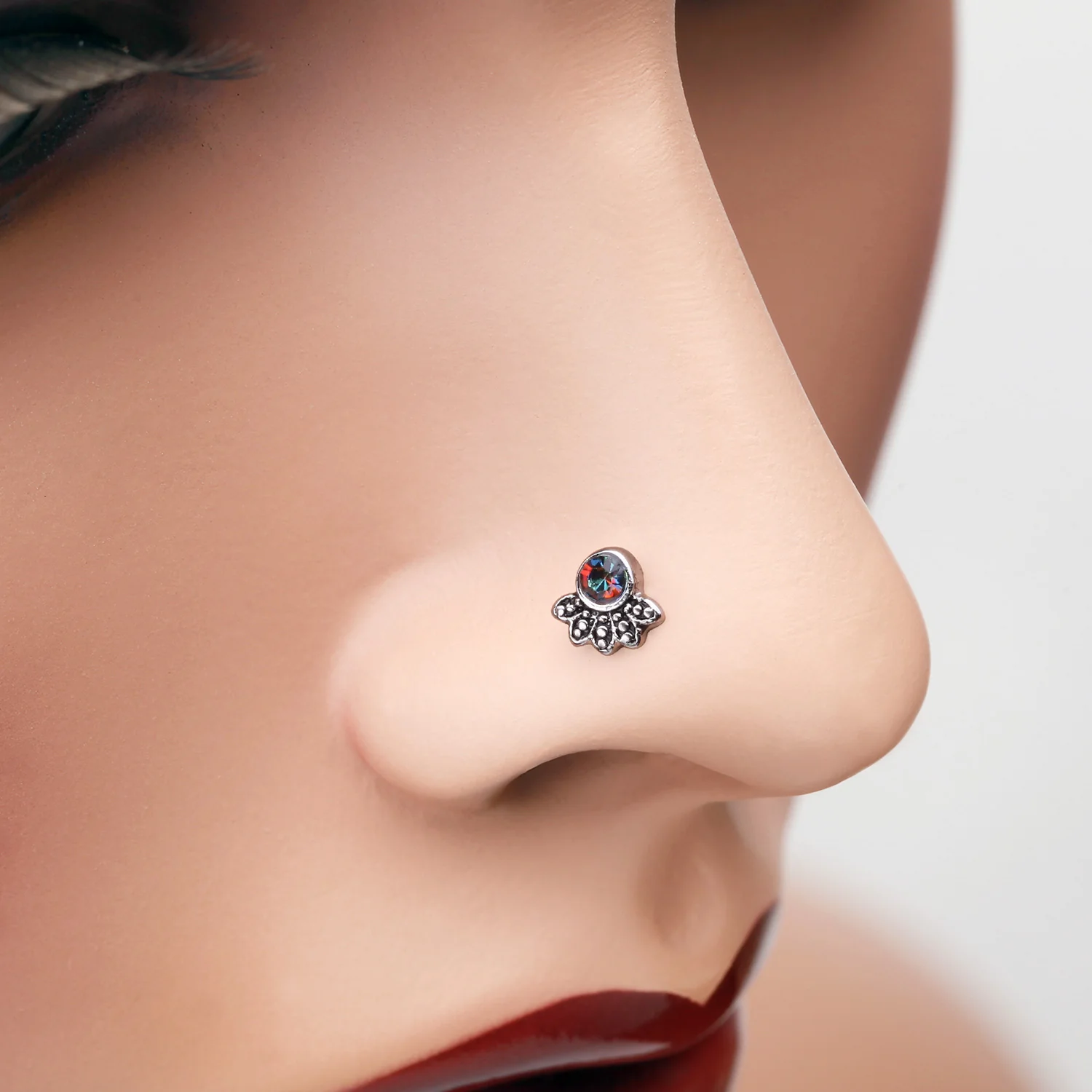 Antique Bali Floral Sparkle Nose Stud Ring - Image 2