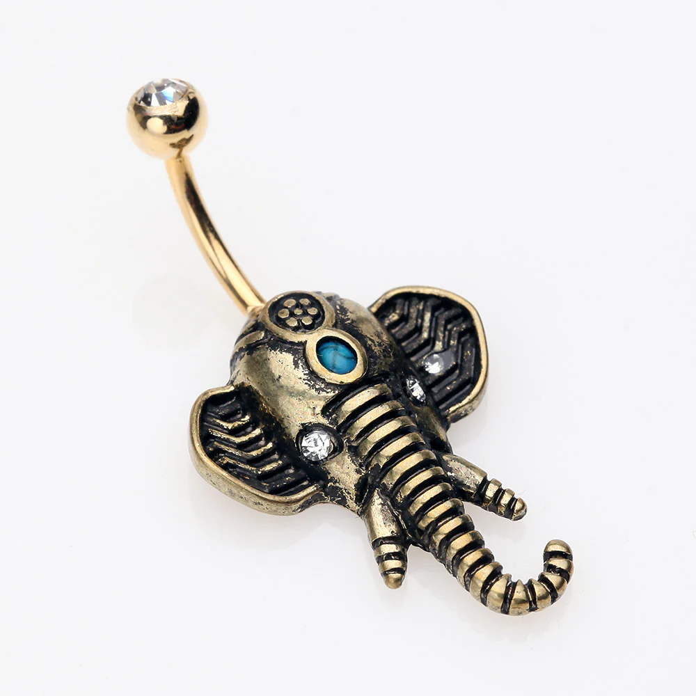 Antique Golden Ganesha Elephant Turquoise Belly Button Ring - Image 4