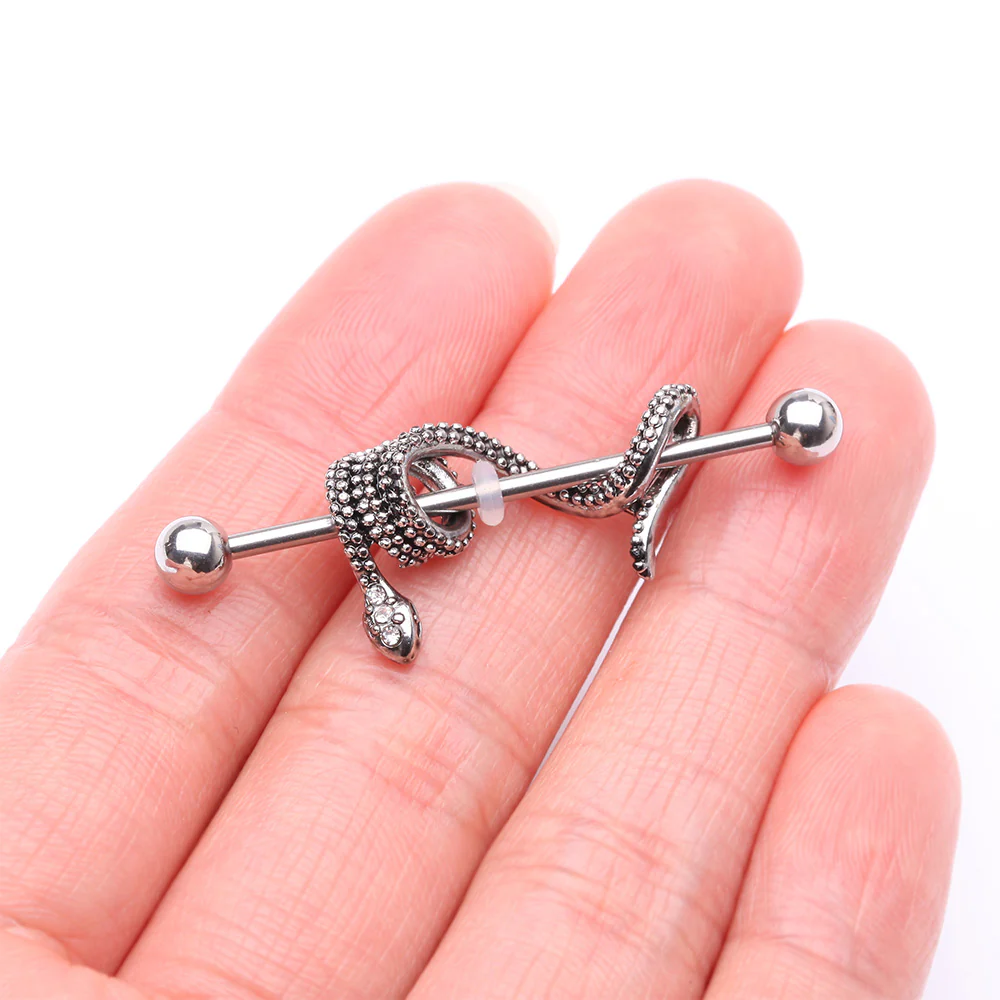 Antique Serpent Snake Sparkle Steel Industrial Barbell - Image 3