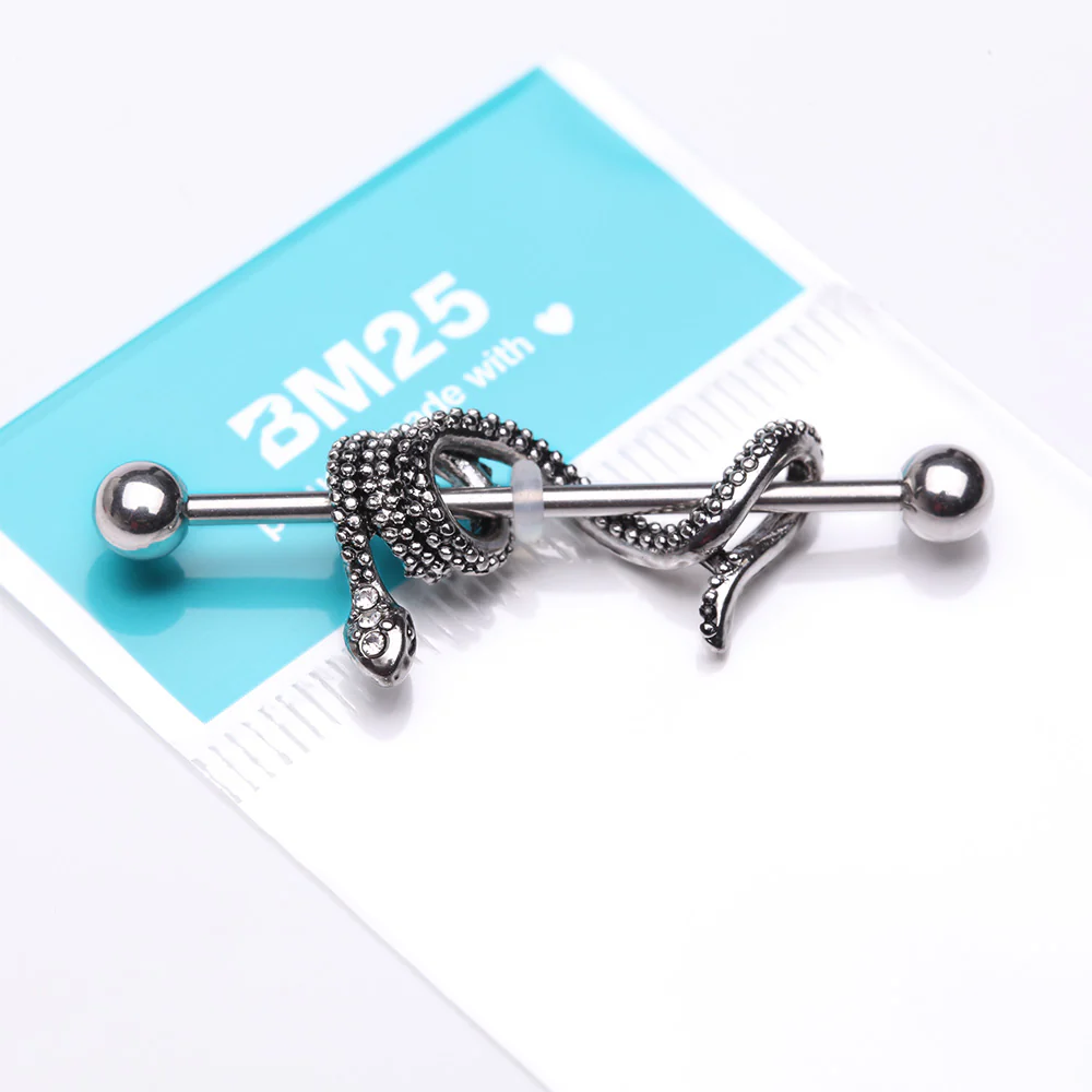 Antique Serpent Snake Sparkle Steel Industrial Barbell - Image 4