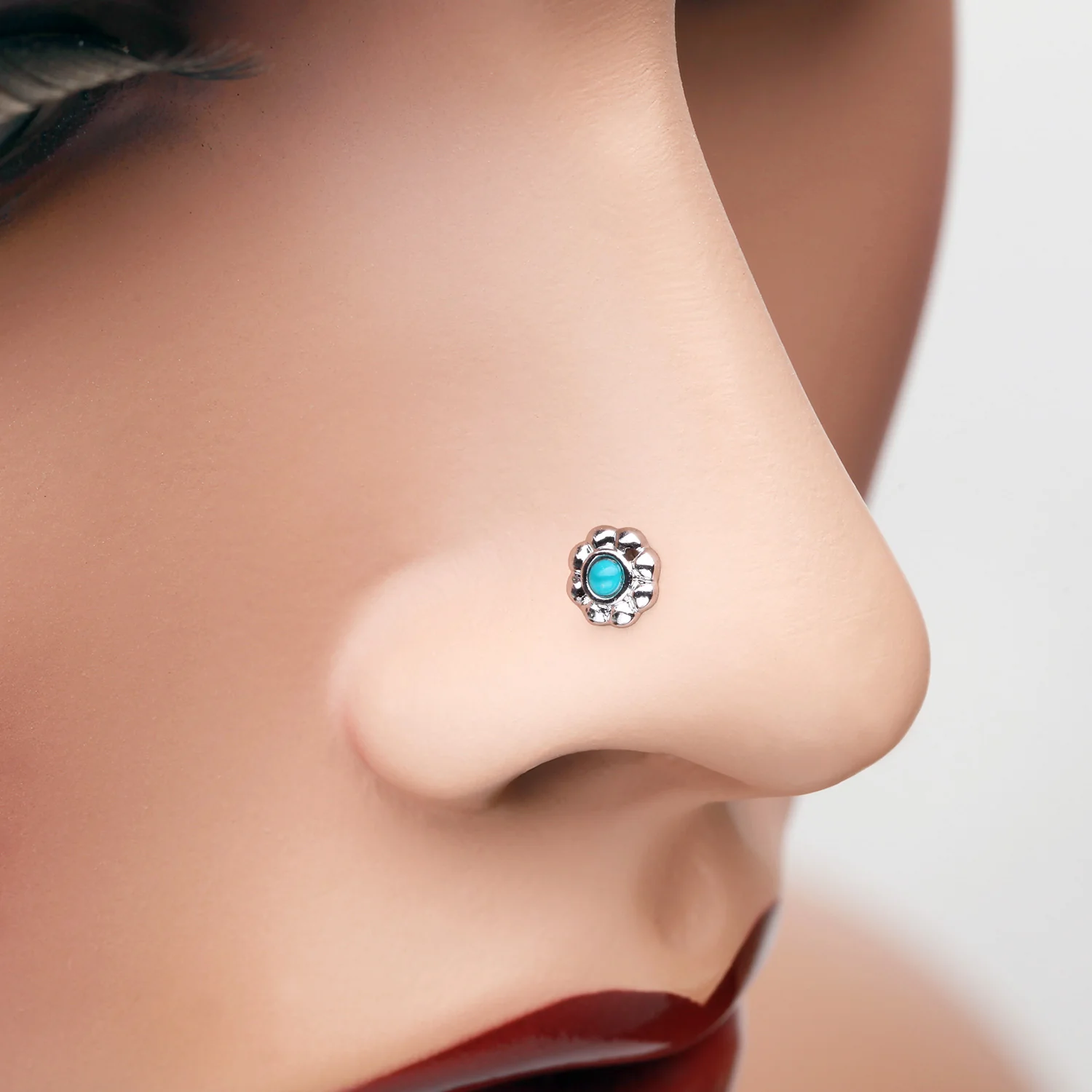 Bali Flower Turquoise Nose Stud Ring - Image 2