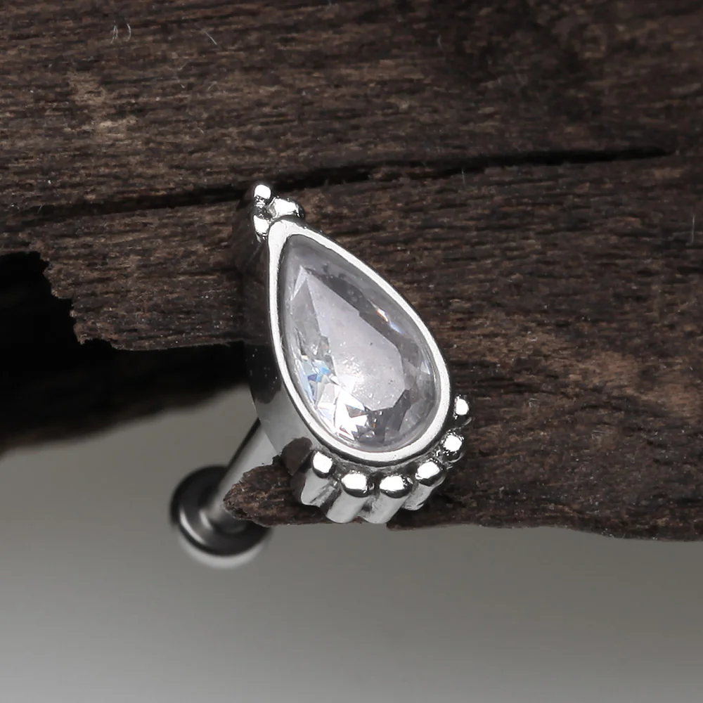 Bali Mandala Teardrop Sparkle Internally Threaded Steel Micro Labret - Image 4