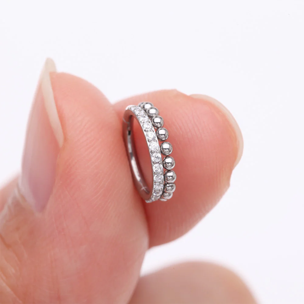 Beaded Layer Sparkle Elegance Steel Clicker Hoop Ring - Image 3