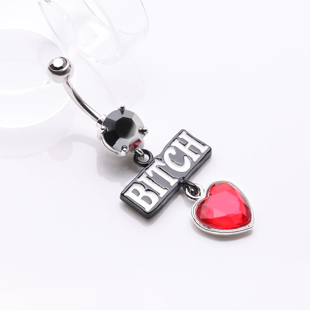 Bitch Heart Sparkle Dangle Belly Button Ring - Image 3