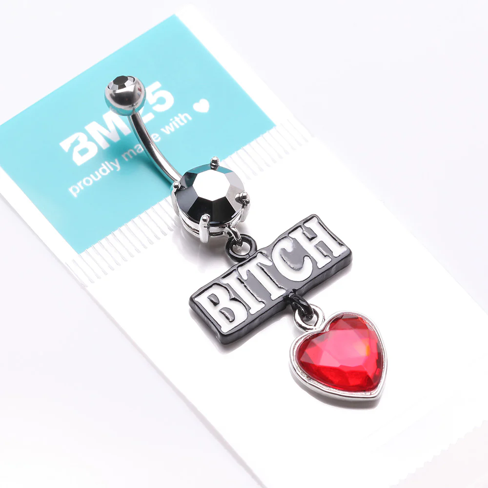 Bitch Heart Sparkle Dangle Belly Button Ring - Image 5