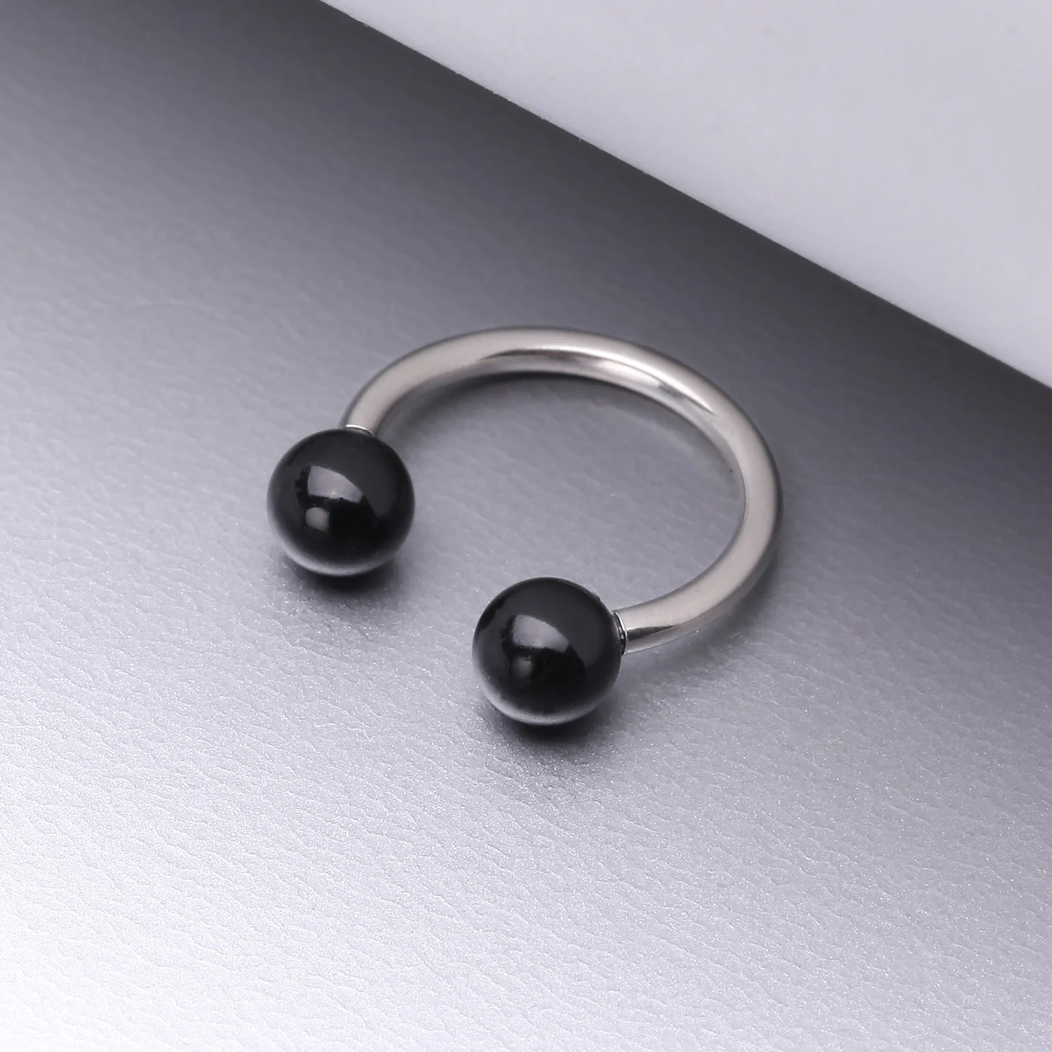 Black Agate Stone Ball Ends Steel Horseshoe Circular Barbell - Image 2