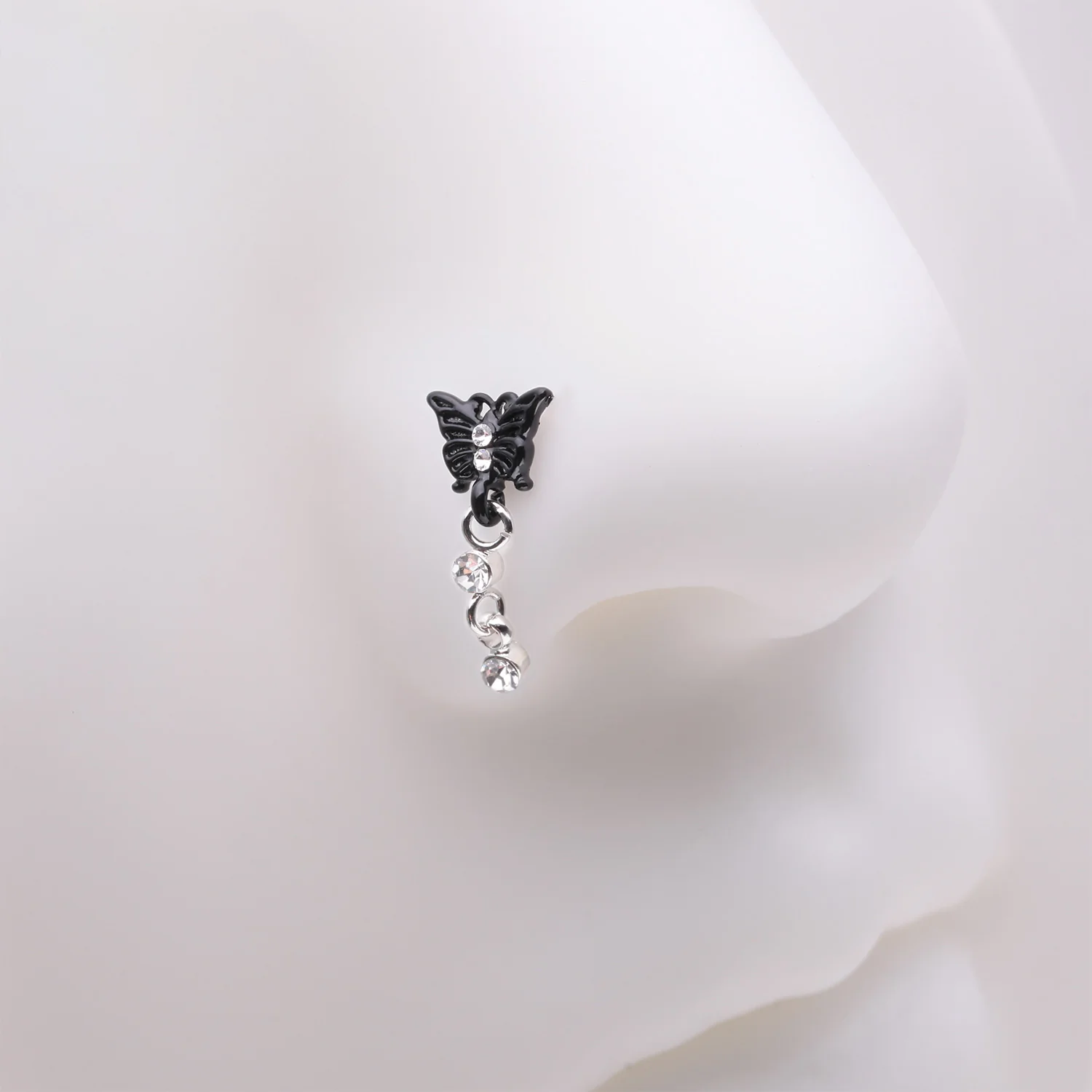Black Noir Victorian Butterfly Dangle Sparkle L-Shaped Nose Ring - Image 2