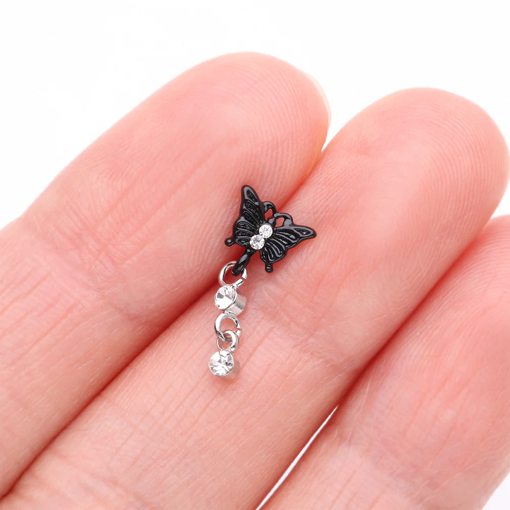 Black Noir Victorian Butterfly Dangle Sparkle L-Shaped Nose Ring - Image 3