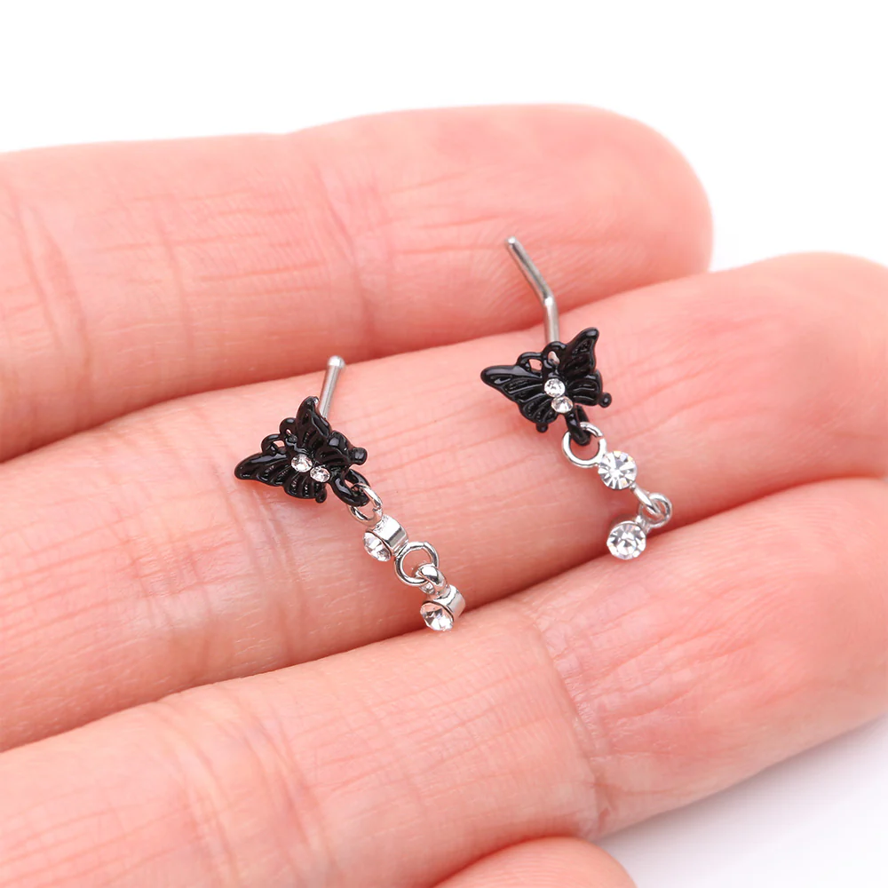 Black Noir Victorian Butterfly Dangle Sparkle L-Shaped Nose Ring - Image 4