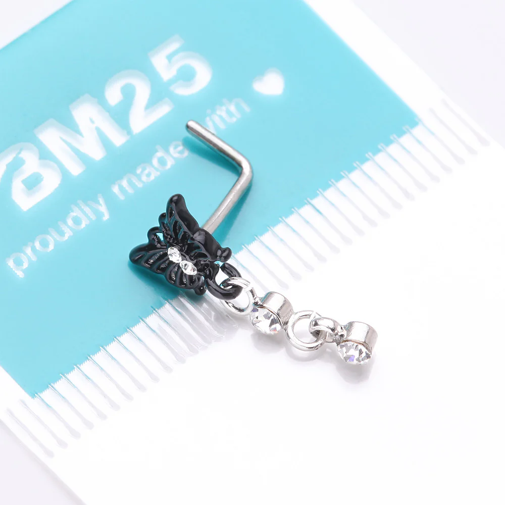 Black Noir Victorian Butterfly Dangle Sparkle L-Shaped Nose Ring - Image 5