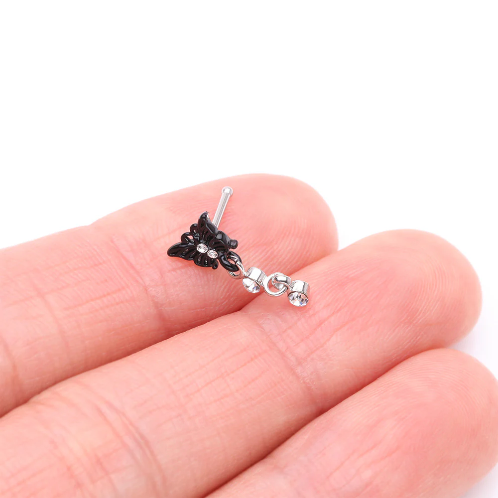 Black Noir Victorian Butterfly Dangle Sparkle Nose Stud Ring - Image 3