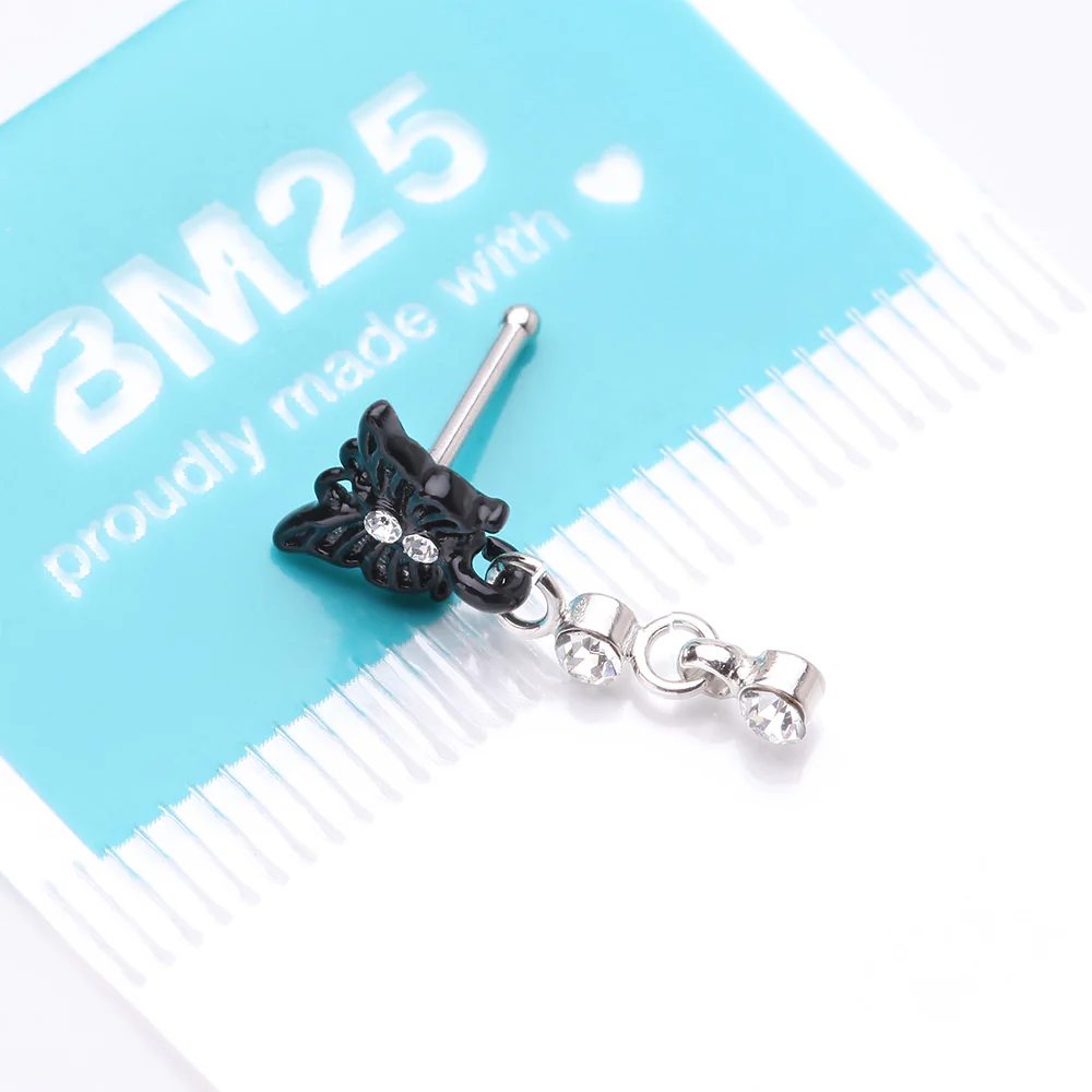 Black Noir Victorian Butterfly Dangle Sparkle Nose Stud Ring - Image 5
