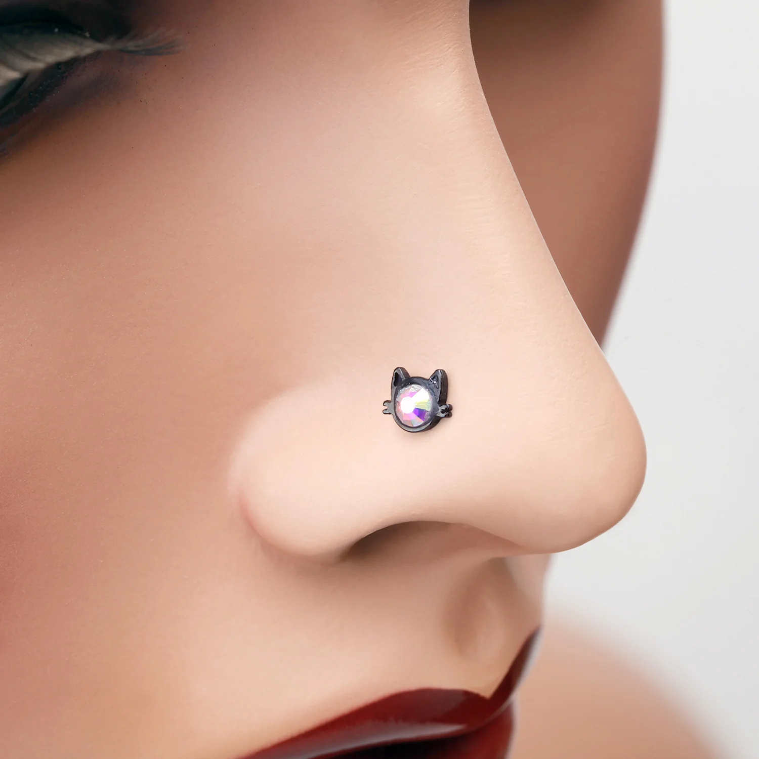 Blackline Adorable Cat Face Iridescent Sparkle Nose Stud Ring - Image 2