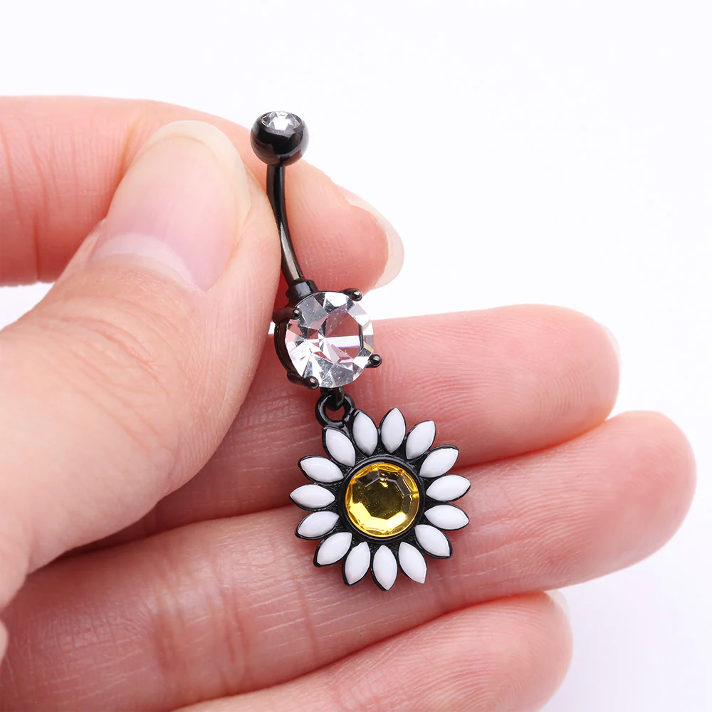 Blackline Daisy Marquise Flower Belly Button Ring - Image 4