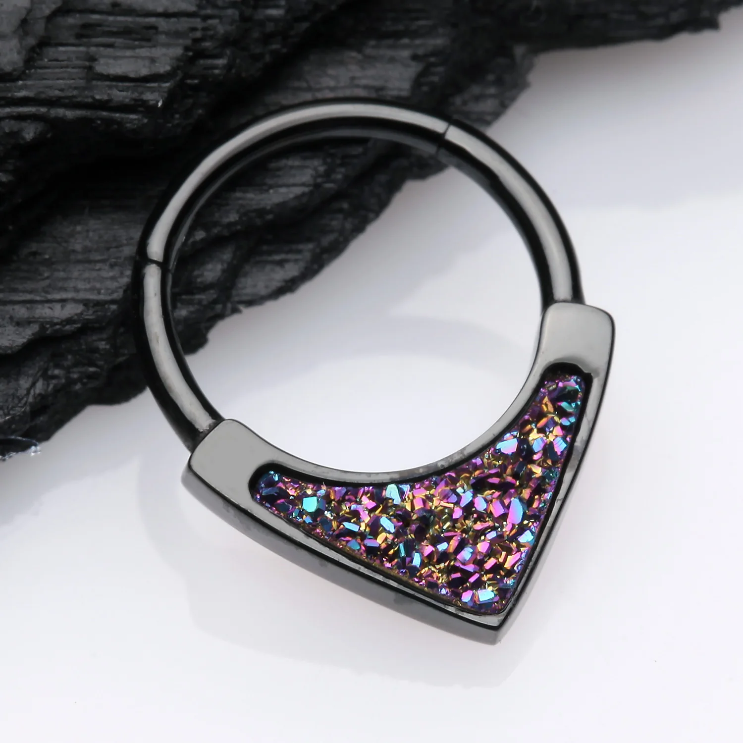 Blackline Druzy Stone Sparkle Chevron Smealess Clicker Hoop Ring - Image 2