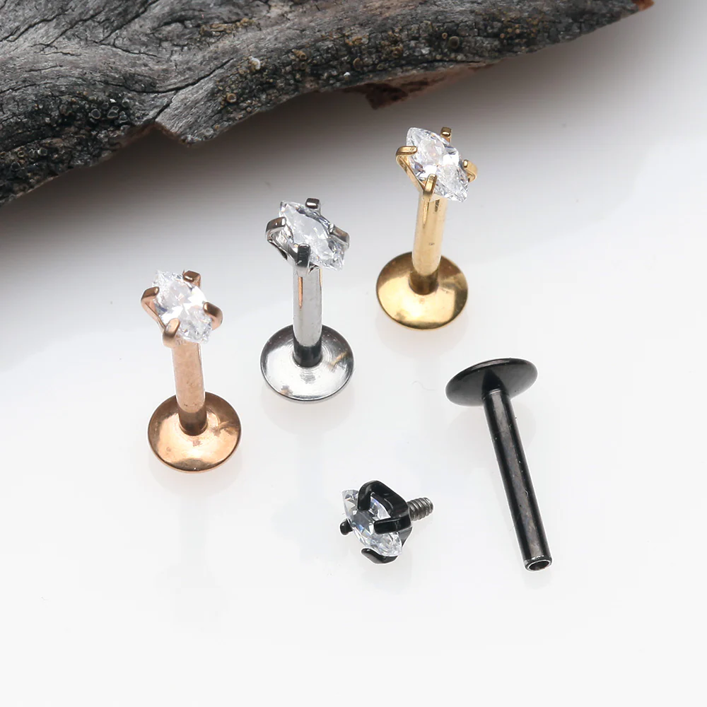 Blackline Marquise Sparkle Prong Set Gem Top Internally Threaded Steel Labret - Image 3