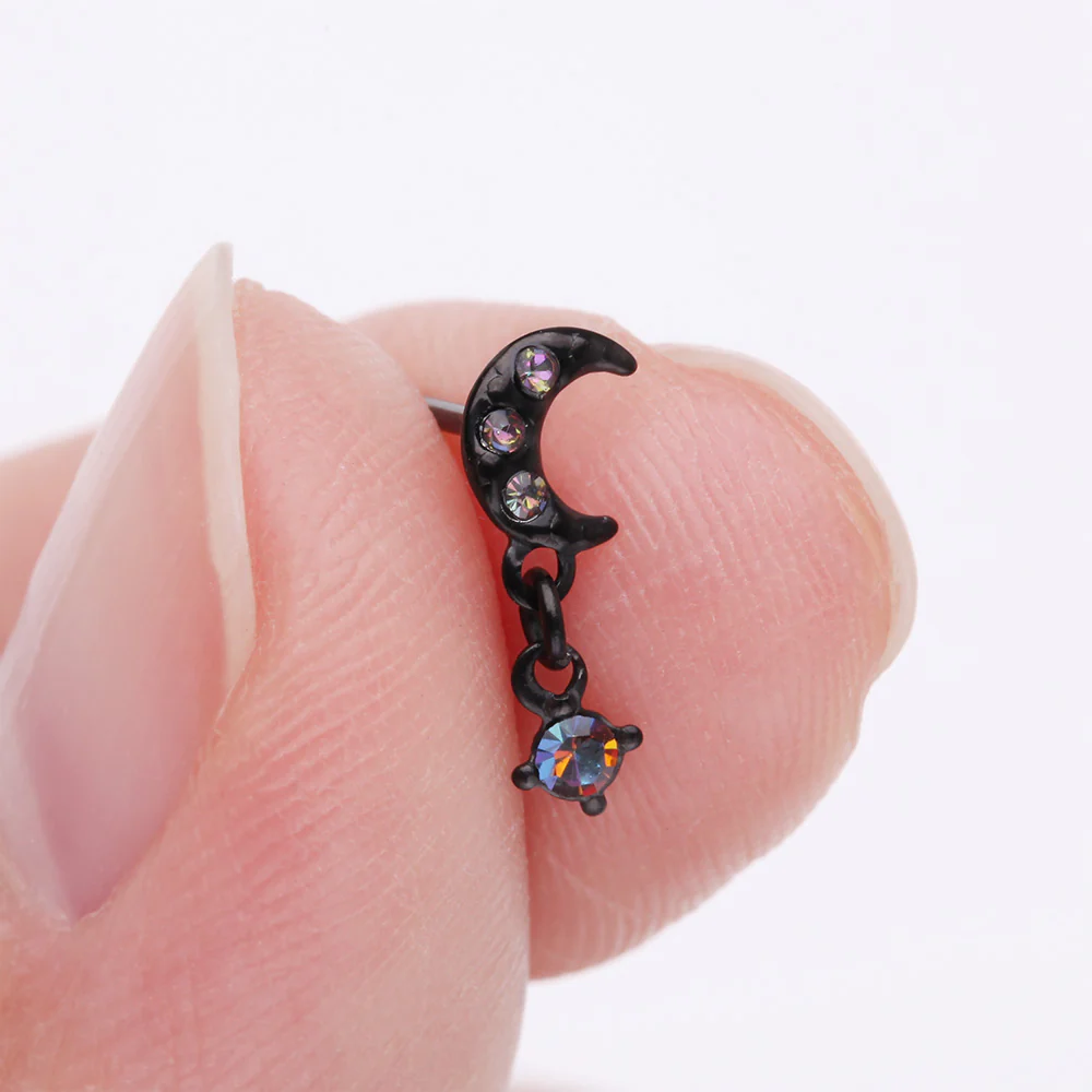 Blackline Midnight Crescent Moon Sparkle Dangle Nose Stud Ring - Image 3