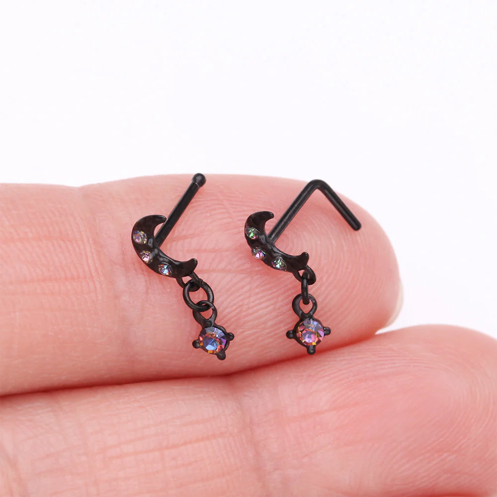 Blackline Midnight Crescent Moon Sparkle Dangle Nose Stud Ring - Image 4