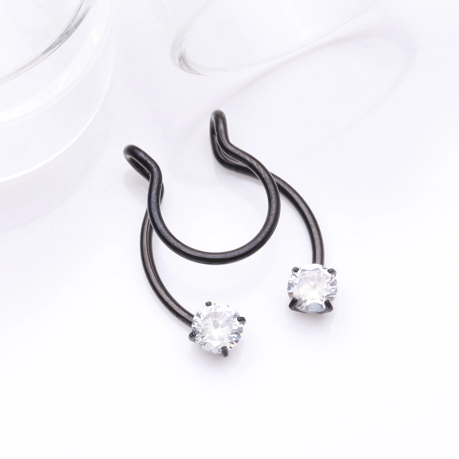 Blackline Sparkle Gem Clip On Non-Piercing Fake Horseshoe Hoop Ring - Image 2