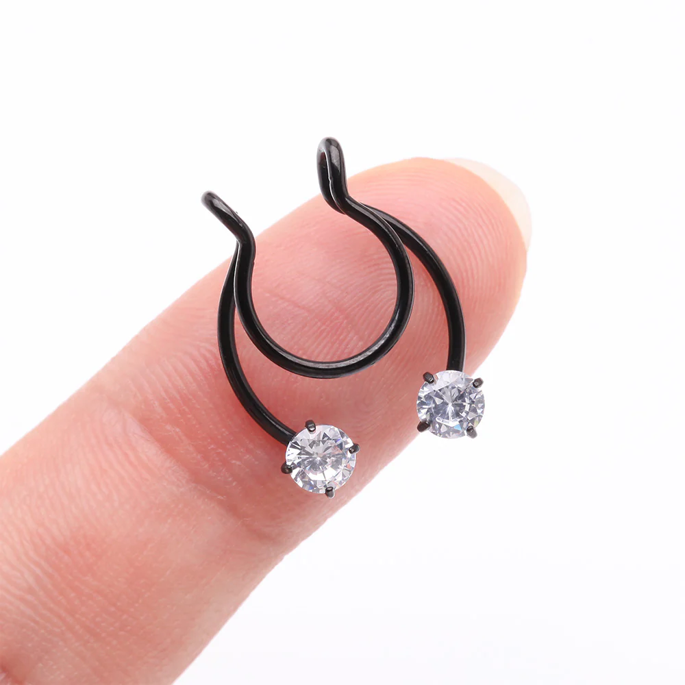 Blackline Sparkle Gem Clip On Non-Piercing Fake Horseshoe Hoop Ring - Image 3