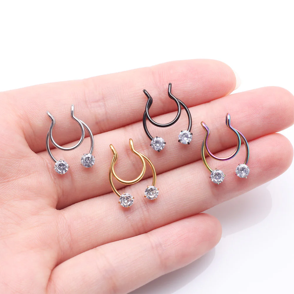 Blackline Sparkle Gem Clip On Non-Piercing Fake Horseshoe Hoop Ring - Image 4