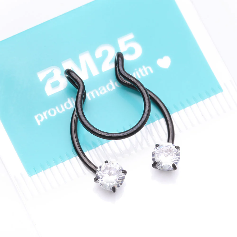 Blackline Sparkle Gem Clip On Non-Piercing Fake Horseshoe Hoop Ring - Image 5