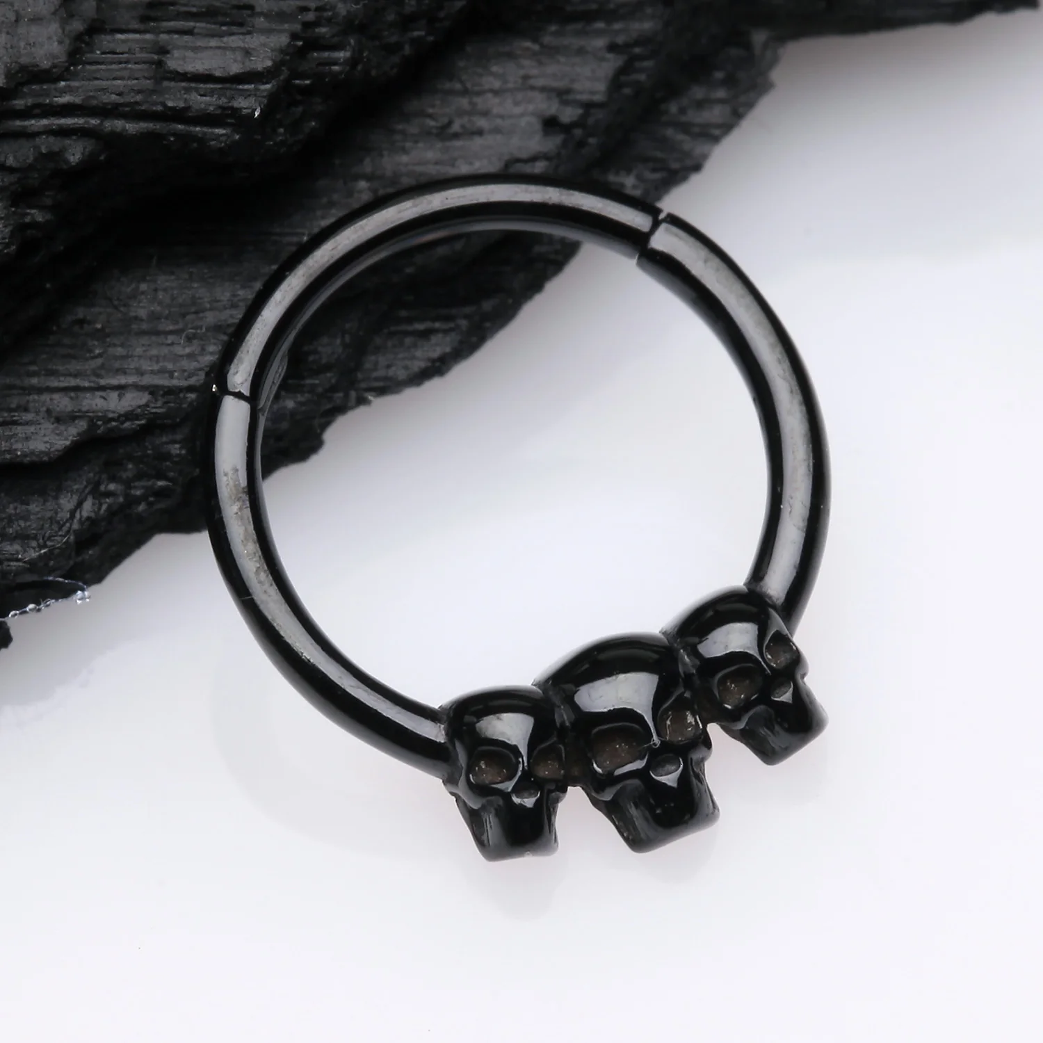 Blackline Triple Death Skull Seamless Clicker Hoop Ring - Image 2